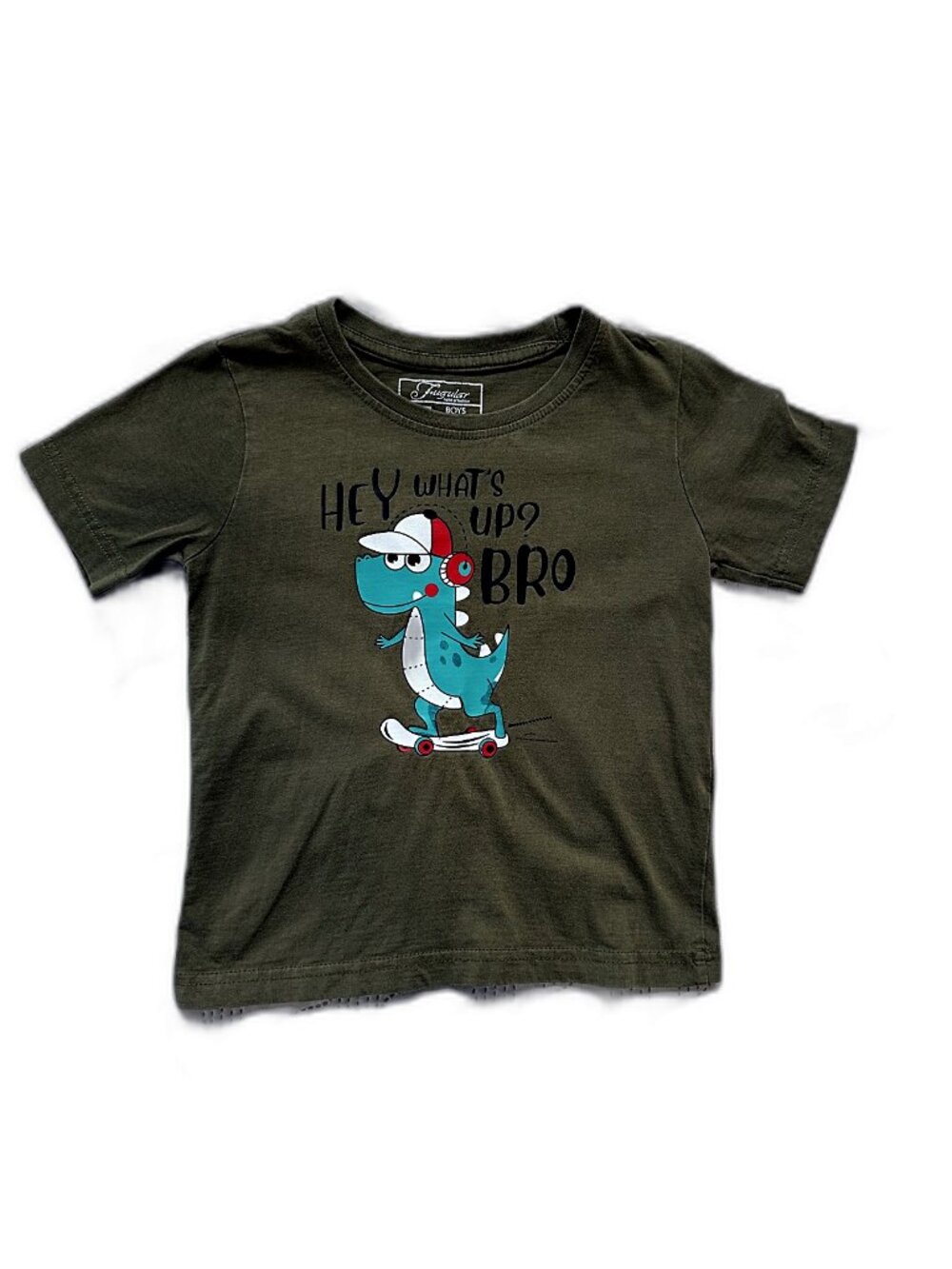 Fugular Boys Olive Dinosaur Skateboard T-Shirt Size 3/4Y